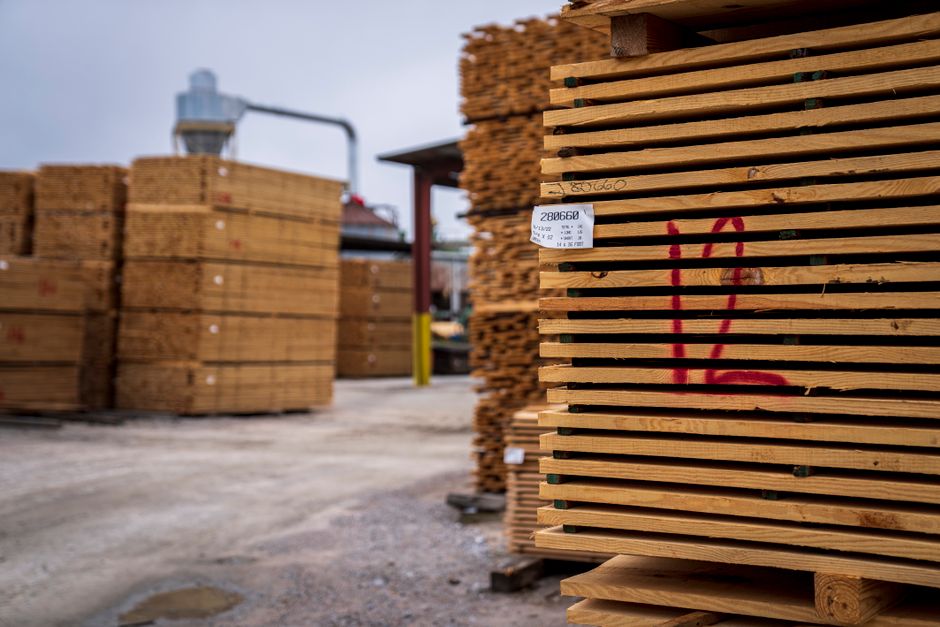 Stacks of lumber at a sawmill yard
